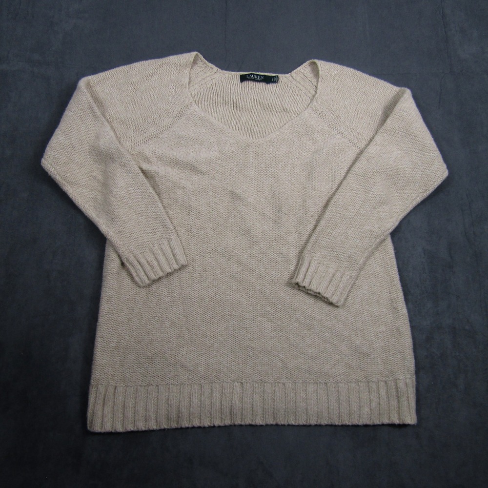 Lauren Ralph Lauren Sweater Women Large Beige V-Neck Cotton Blend Knit Raglan